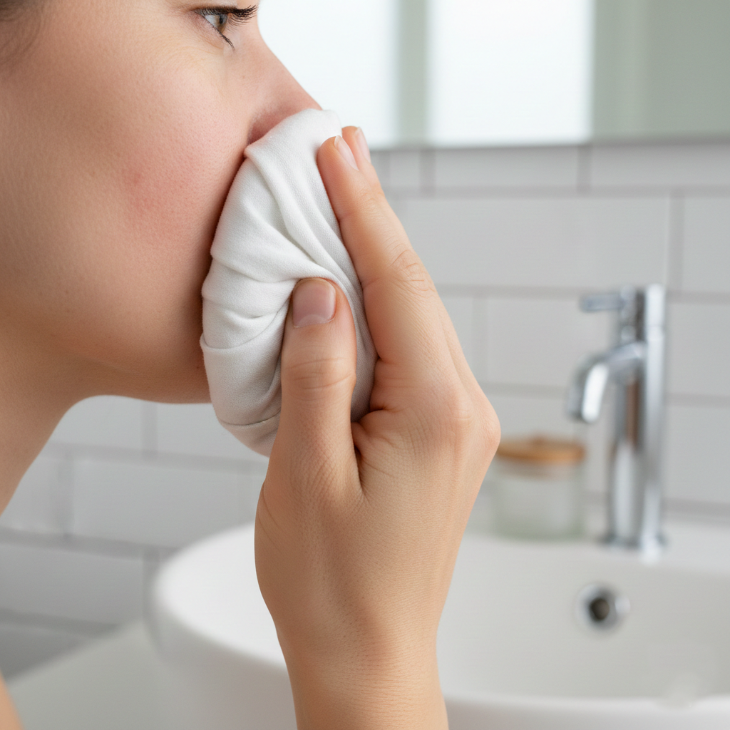 Woman pressing ice wrapped in cloth on red pimple to reduce swelling and redness overnight