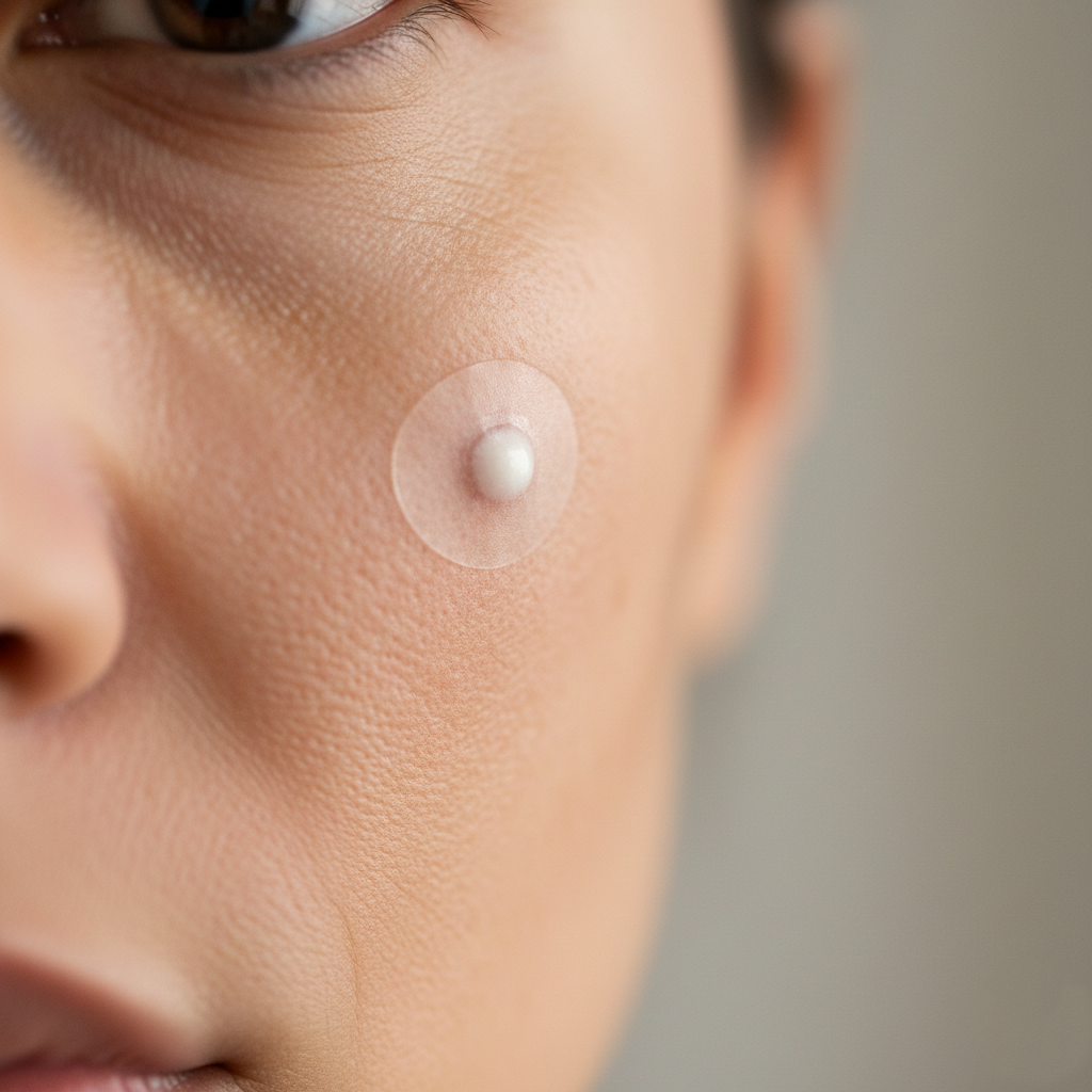 Clear hydrocolloid pimple patch applied on cheek to absorb pus and flatten pimples