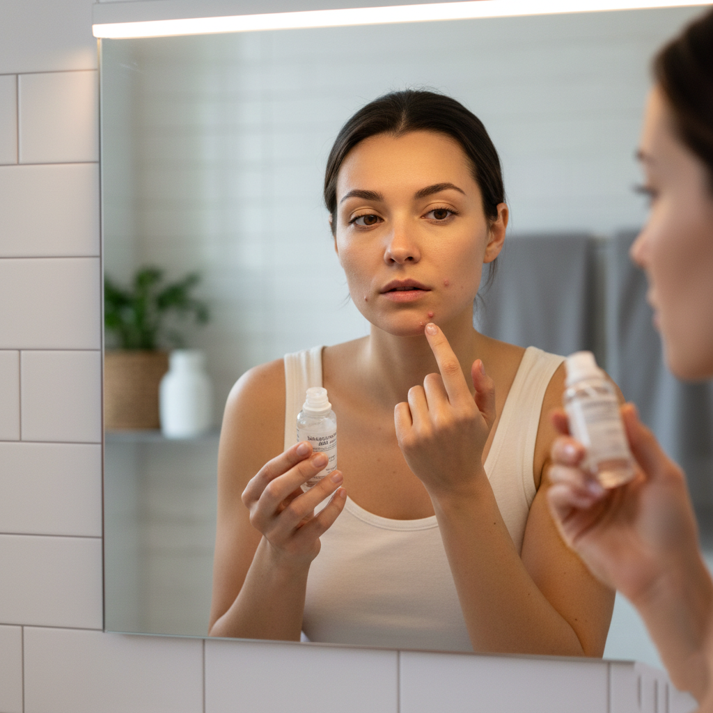 Woman applying salicylic acid gel on chin acne to unclog pores overnight