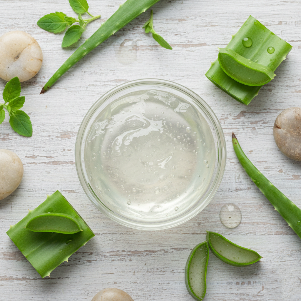 Pure aloe vera gel applied on inflamed acne to soothe irritation and redness overnight