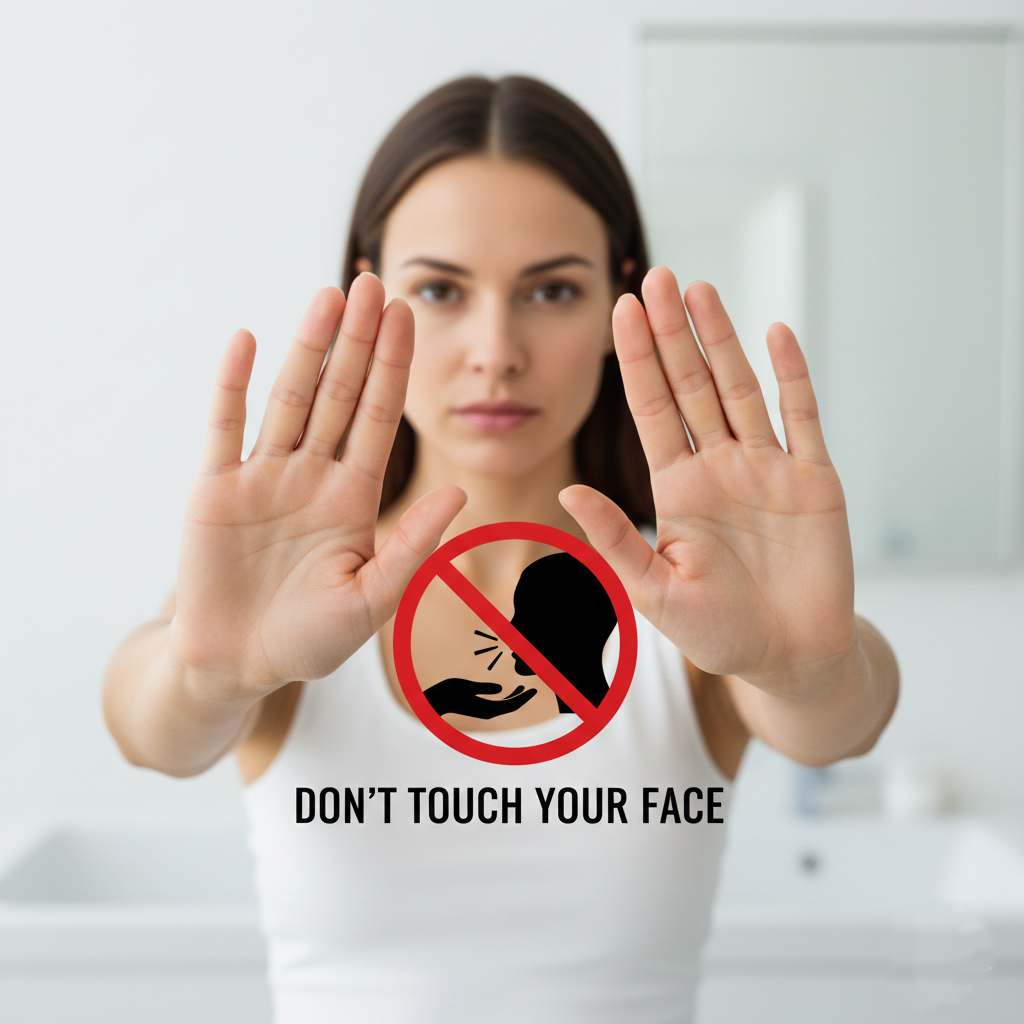 Woman keeping hands away from face to prevent spreading bacteria and worsening pimples
