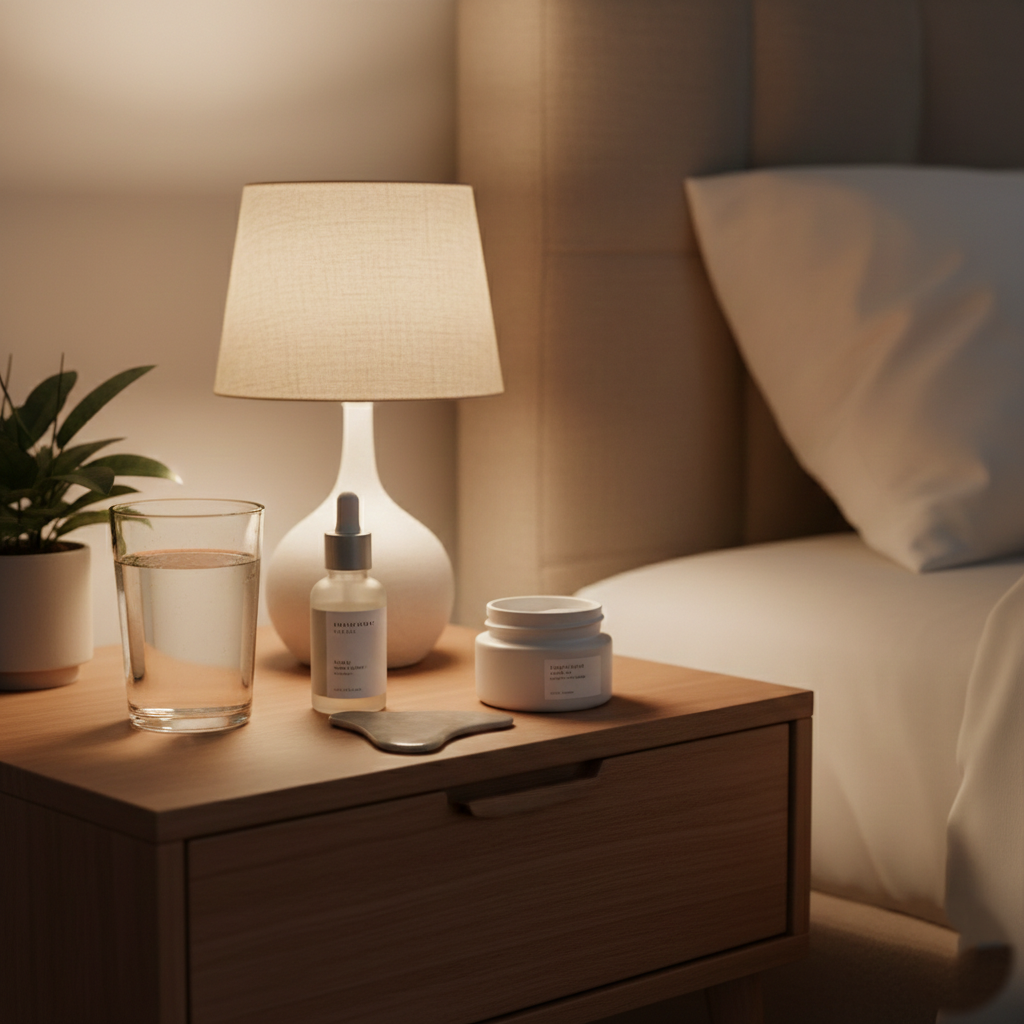 Glass of water beside skincare products to support overnight skin repair