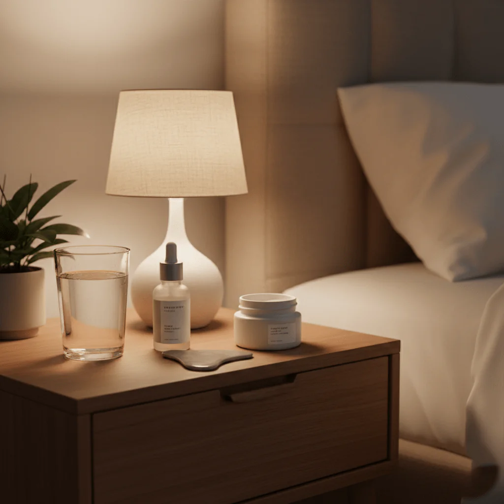 Glass of water beside skincare products to support overnight skin repair