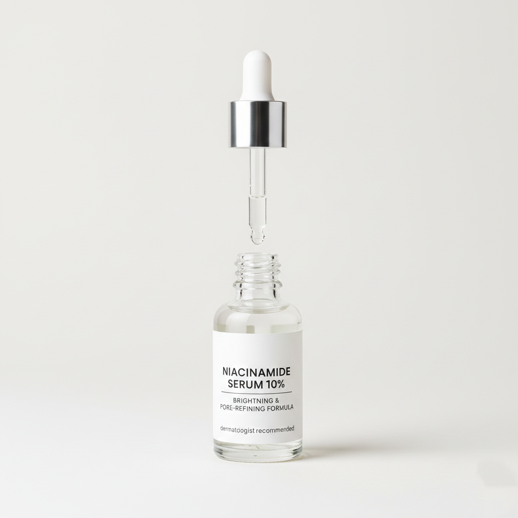Niacinamide serum applied to inflamed pimples to calm redness and control oil production