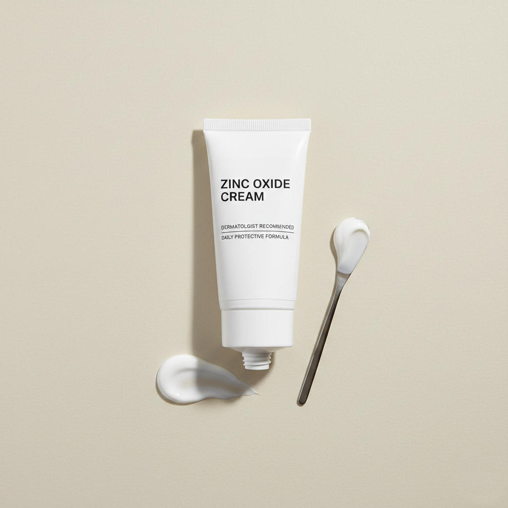 Thin layer of zinc oxide cream applied on pimples to reduce bacteria and oil